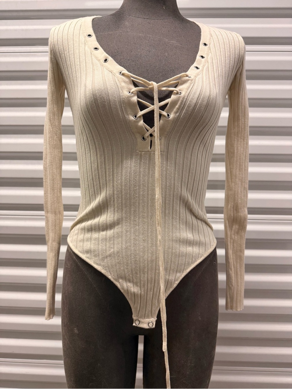 Forever 21 Cream Ribbed Lace-Up Long Sleeve Bodysuit
